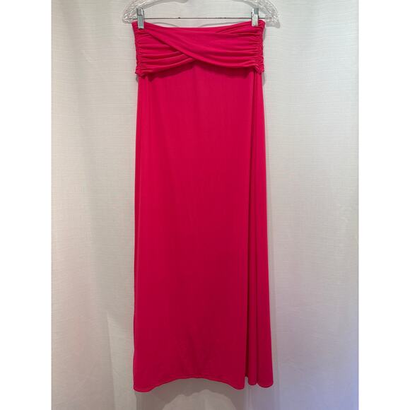CARMEN MARC VALVO Fuchsia Pink Strapless Ruched Twist Top Midi Sheath Dress XS/S - Picture 1 of 4